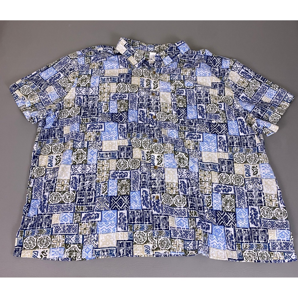 Haband Button Up Shirt Men's Size 4XL Blue Geometric Tribal Print Short Sleeve